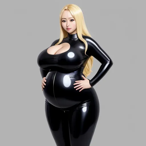 a woman in a black latex outfit posing for a picture with her hands on her hips and her breasts exposed, by Terada Katsuya
