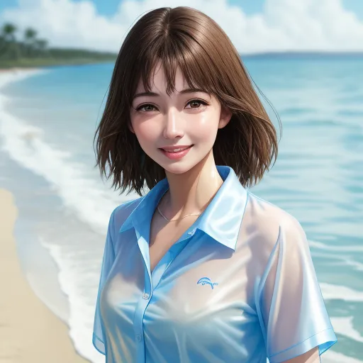 best photo ai enhancer - a woman standing on a beach next to the ocean with a blue shirt on and a white shirt on, by Chen Daofu