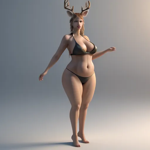 increase the resolution of an image - a woman in a bikini with a deer head on her head and a bra top on her body, standing in a pose, by Hendrik van Steenwijk I