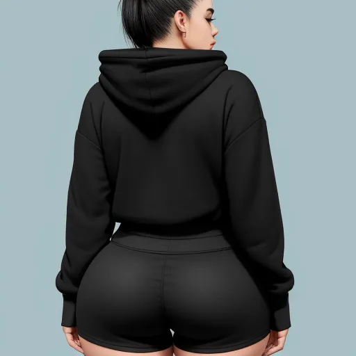 a woman in black shorts and a hoodie is shown from the back, with her hands on her hips, by Kaws