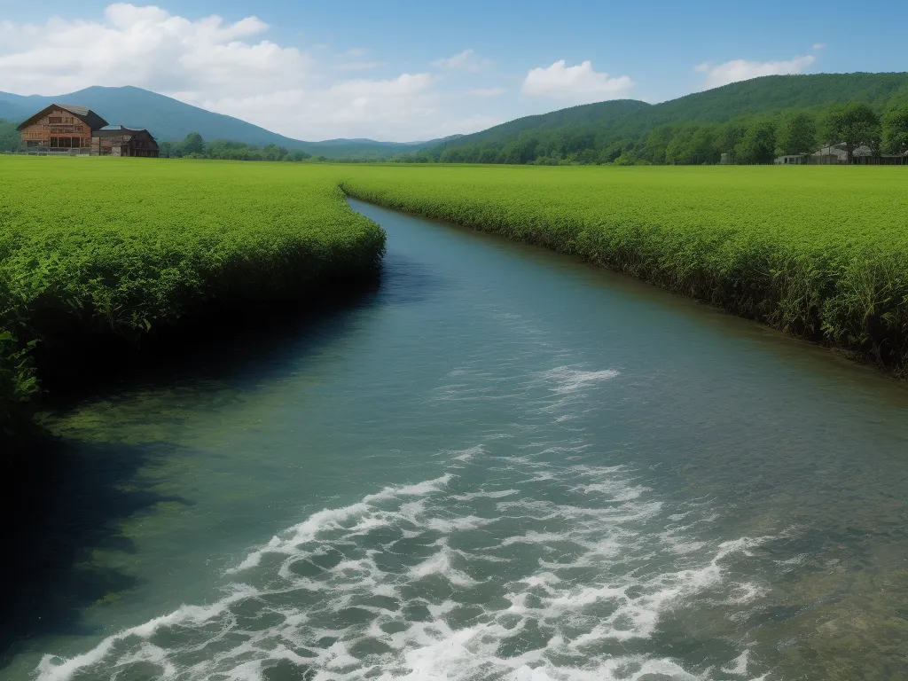 text to photo ai - a river running through a lush green countryside next to a lush green field with a house on top of it, by Yoshiyuki Tomino