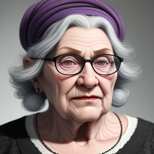 word to image generator ai - a woman with glasses and a purple hat on her head is looking at the camera with a serious look on her face, by Pixar Concept Artists