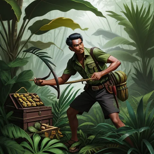 ai images generator - a man in the jungle with a bow and arrow in his hand and a chest of gold in his other hand, by Sven Nordqvist