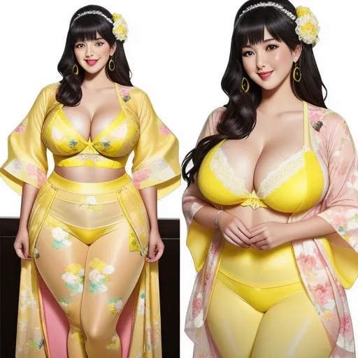 free high resolution images - a woman in a yellow lingerie and a woman in a yellow kimono and a woman in a yellow kimono, by Terada Katsuya