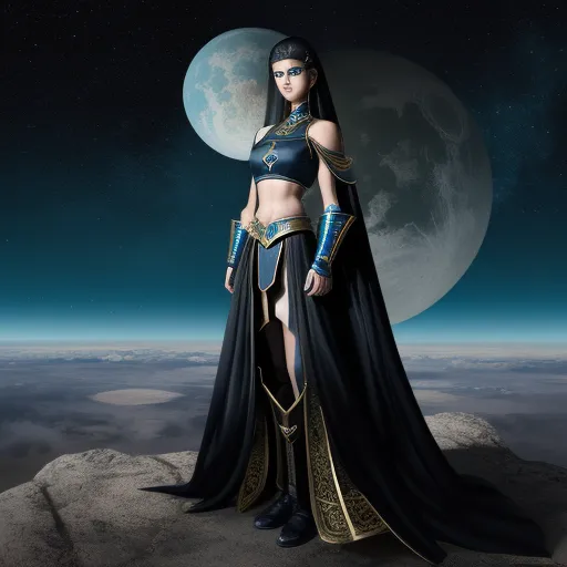 a woman in a costume standing on a rock in front of a full moon and a full moon behind her, by Sailor Moon