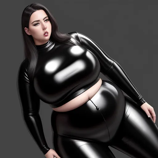 a woman in a black latex outfit posing for a picture with her hands on her hips and her butt exposed, by Terada Katsuya