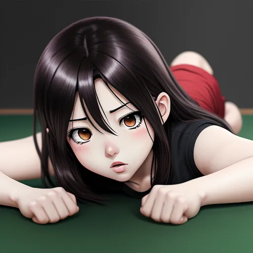 a woman laying on a green surface with her eyes wide open and her arms crossed, her head down, by NHK Animation