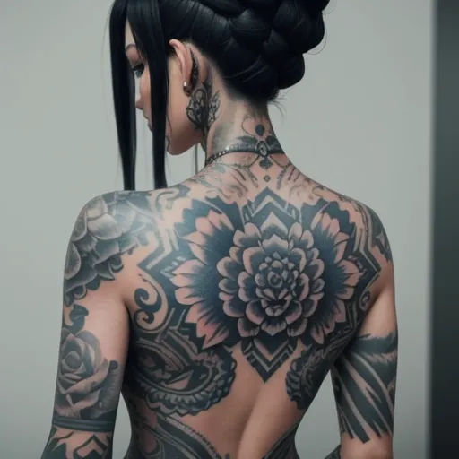 a woman with a tattoo on her back and a flower on her shoulder and shoulder tattoo on her back, by François Louis Thomas Francia