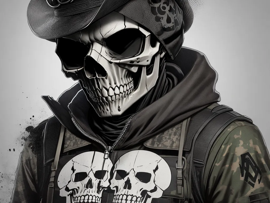 ultra high resolution images free - a man in a military uniform with a skull on his hood and a helmet on his head, with a skull on his chest, by Jeff Simpson