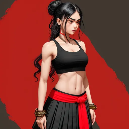 a woman in a black top and red skirt with a red background and a red circle behind her is a red circle, by theCHAMBA