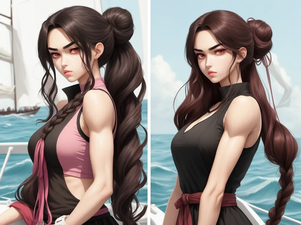 high resolution images - a woman with long hair standing on a boat in the ocean and wearing a black dress with a pink sash, by Lois van Baarle