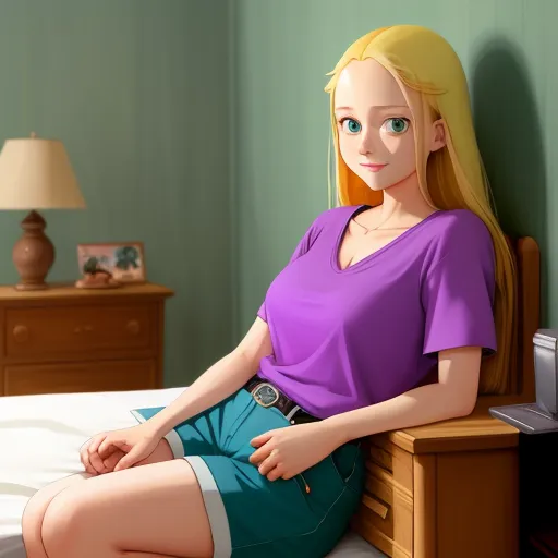complete image ai - a woman sitting on a bed in a room with a lamp on the side of the bed and a dresser, by Akira Toriyama
