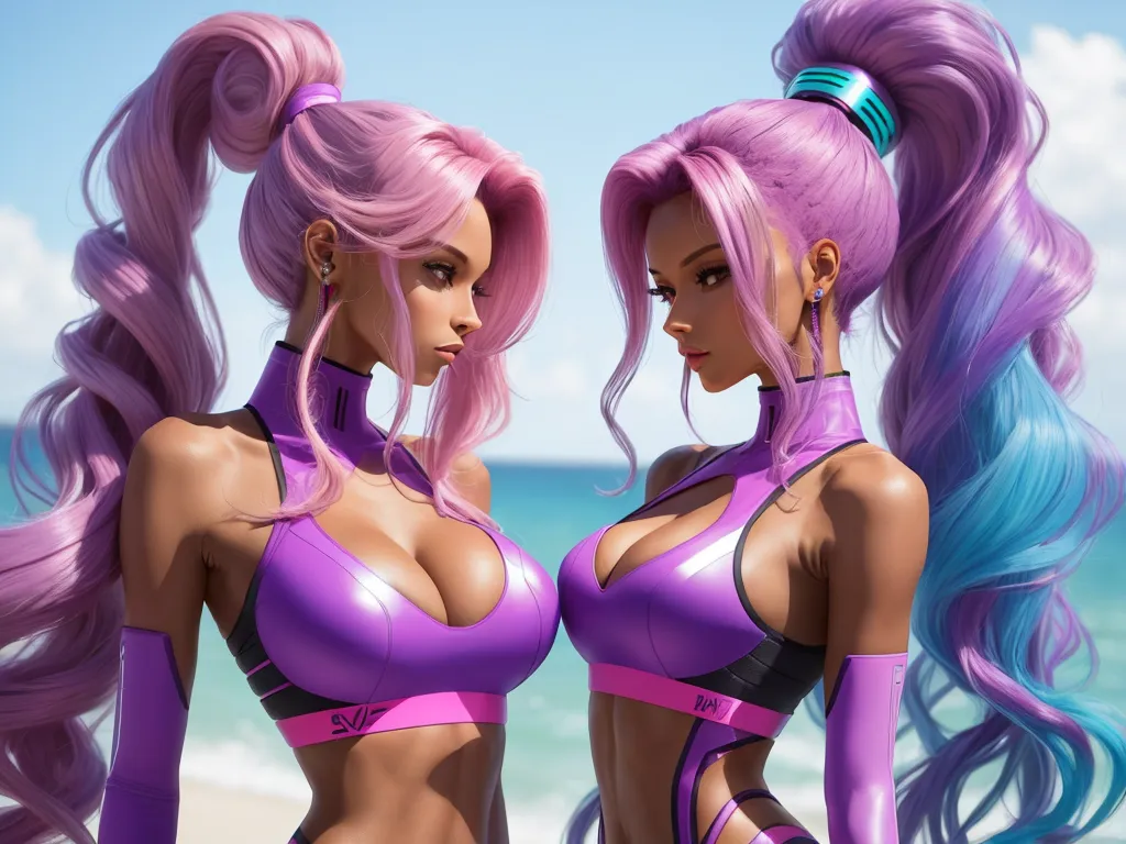 text to image ai free - two women with long hair and purple outfits on a beach with blue water in the background and clouds in the sky, by Terada Katsuya