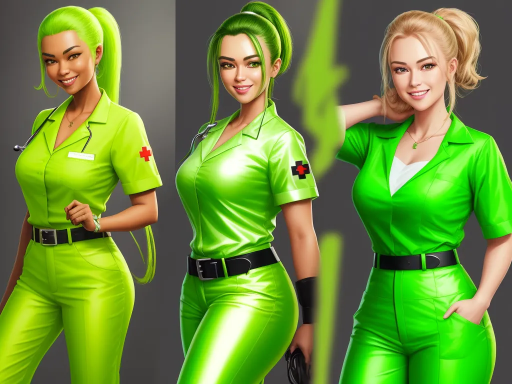 4k photo converter free - a group of three women in green outfits with a red cross on their chest and a green nurse uniform, by theCHAMBA