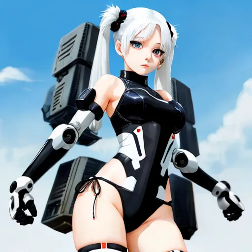 ultra high resolution images free - a woman in a black and white outfit with a gun and a robot suit on her back, standing in front of a blue sky, by Terada Katsuya