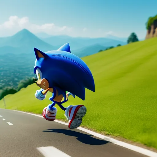 a cartoon character running down a road in a blue suit and sneakers with a mountain in the background and a blue sky, by Toei Animations