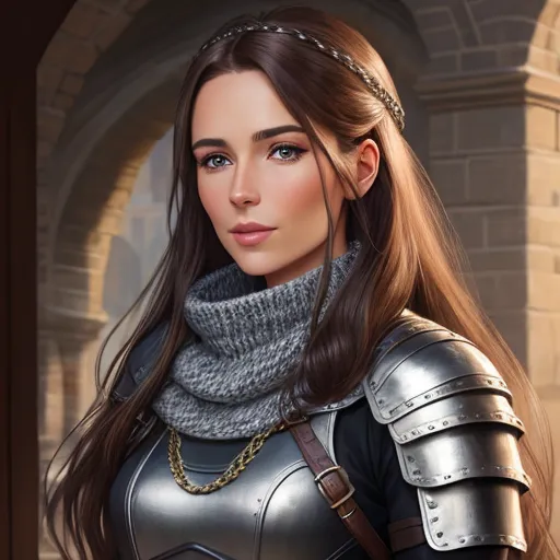 make image hd free - a woman in a knight outfit with a scarf around her neck and a chain around her neck, standing in front of a brick wall, by Daniela Uhlig