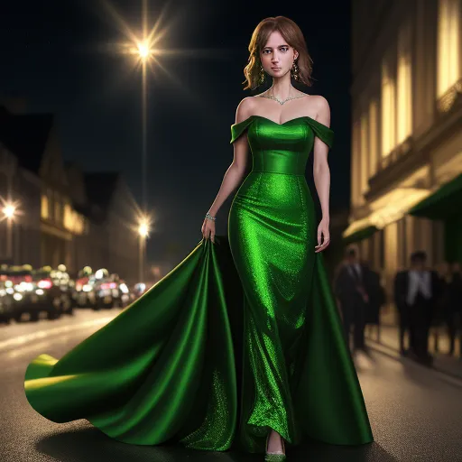 change photo resolution - a woman in a green dress is walking down the street at night with a long train on her back, by Edith Lawrence