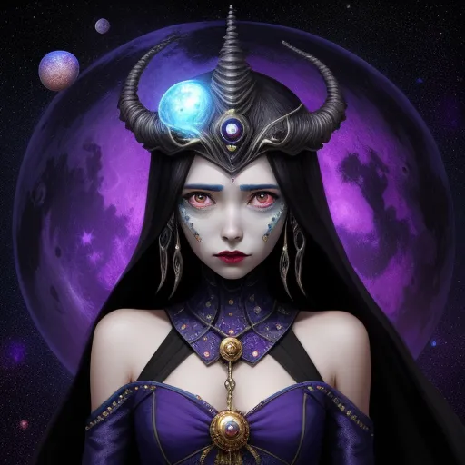 a woman with horns and a blue dress in front of a moon and stars background with a purple moon, by Tom Bagshaw