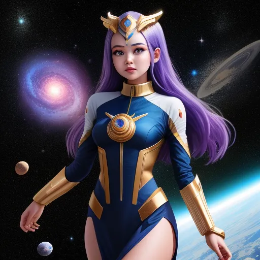 nsfw ai image generator - a woman in a space suit standing in front of a planet and a star in the background with a pink and blue hair, by Sailor Moon