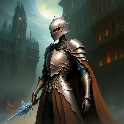 a knight in a full armor standing in front of a castle with a sword in his hand and a glowing moon in the background, by Antonio J. Manzanedo