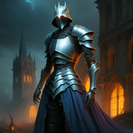 a man in a knight costume standing in front of a castle at night with a full moon in the sky, by Antonio J. Manzanedo