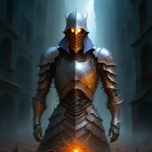 a knight with a glowing glowing eye standing in a dark alleyway with a glowing glowing light in his hand, by Heinrich Danioth