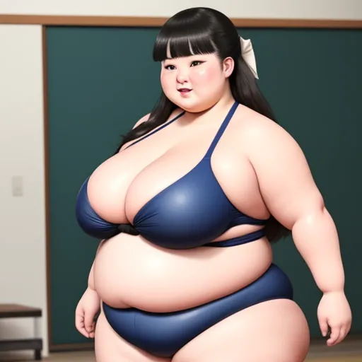 high resolution image - a fat woman in a blue bikini posing for a picture in a room with a chalkboard behind her, by Terada Katsuya
