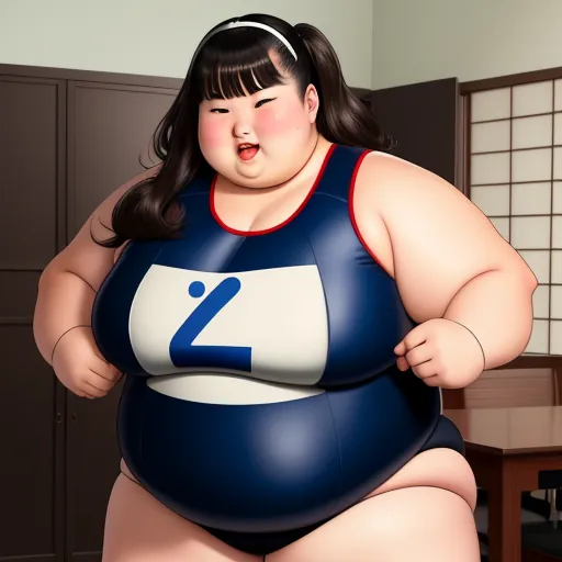 4k picture resolution converter - a fat woman in a blue and white dress standing in a room with a table and cabinets in the background, by Rumiko Takahashi