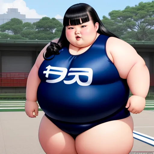 hd images - a fat woman in a blue sumo suit is standing on a tennis court with her tongue out and her hand on her hip, by Rumiko Takahashi