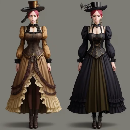 increase resolution of image - two women in dresses and hats are standing side by side in different poses, one wearing a top hat and the other wearing a dress, by Mary Anning