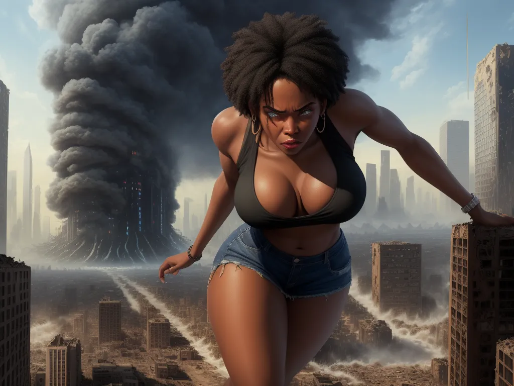 a woman in a bikini standing on a ledge in front of a city with a huge black smoke cloud, by Daniela Uhlig