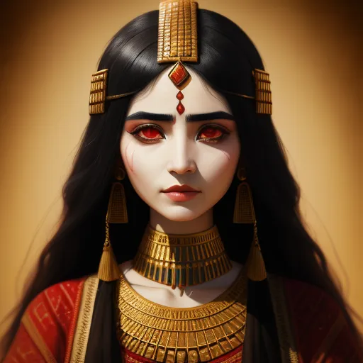 high resolution images - a digital painting of a woman wearing a gold necklace and red eyes with a gold head piece on her head, by Tom Bagshaw