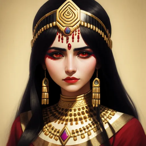 ai upscaler - a woman with a red and gold outfit and a gold necklace and earrings on her head and her eyes are red, by Tom Bagshaw