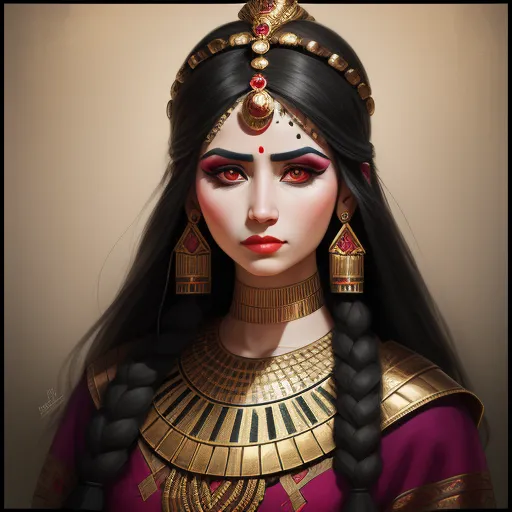 complete image ai - a woman with a head piece and a necklace on her head and a red lip and eyeliner and a gold necklace, by Tom Bagshaw