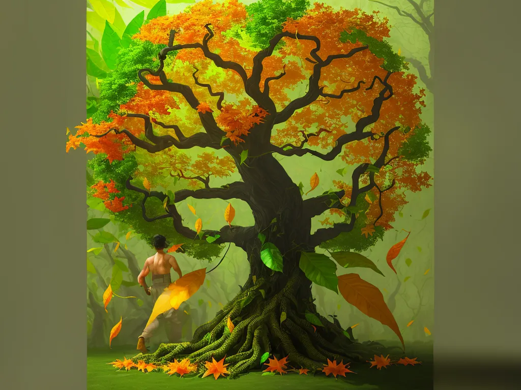 generate picture from text - a painting of a man standing next to a tree with leaves on it and a man in the background, by Cyril Rolando