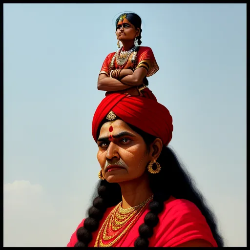 convert photo to 4k - a woman in a red outfit with a man on her head and a sky background in the background,, by Raja Ravi Varma