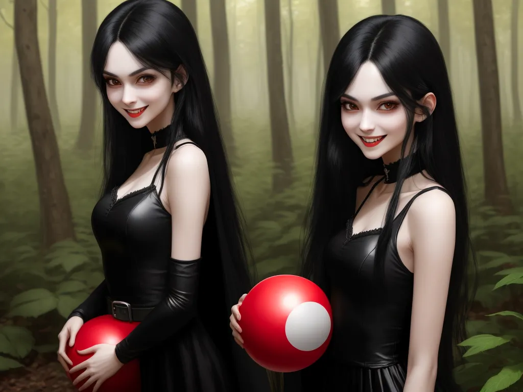 how to fix low resolution pictures on phone - a woman in a black dress holding a red ball in a forest with trees and bushes behind her,, by Sailor Moon