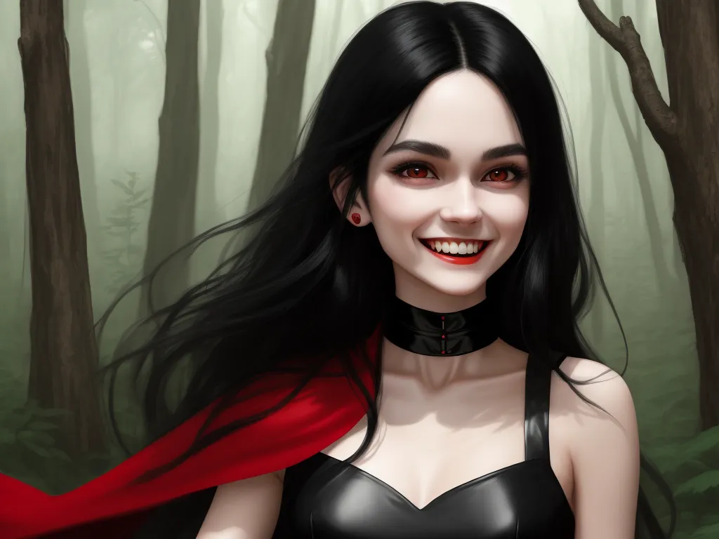 free text to image generator - a woman with a red cape standing in a forest smiling at the camera with a smile on her face, by Daniela Uhlig