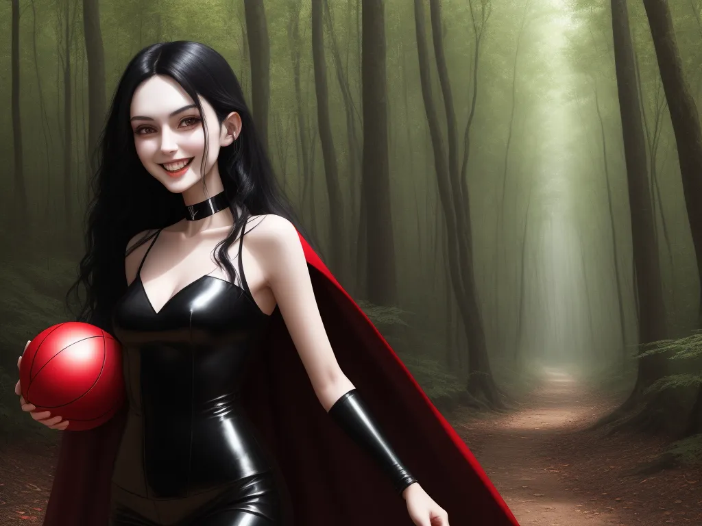 increasing resolution of image - a woman in a black dress and red cape holding a red ball in a forest with trees and a path, by Hanna-Barbera