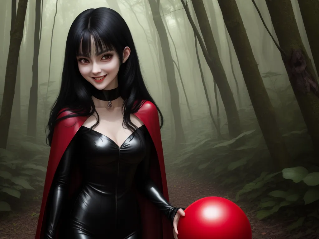 how to change image resolution - a woman in a red cape holding a red ball in a forest with trees and fog behind her is a red ball, by Sailor Moon