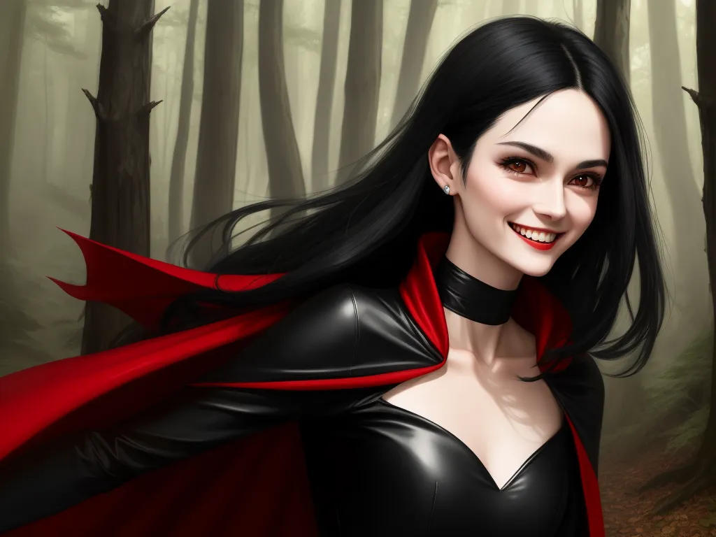 convert photo into 4k - a woman in a red cape and black dress in a forest with trees and leaves on the ground and a red scarf around her neck, by Daniela Uhlig