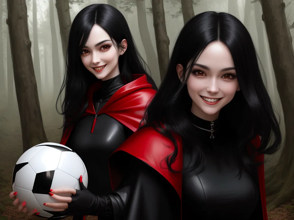 how to make photos high resolution - two women in black and red outfits holding a soccer ball in a forest with trees in the background and fog, by Sailor Moon