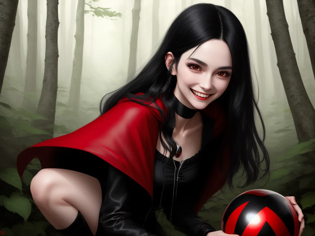 convert image to hd - a woman in a red and black outfit holding a red ball in a forest with trees in the background, by Daniela Uhlig