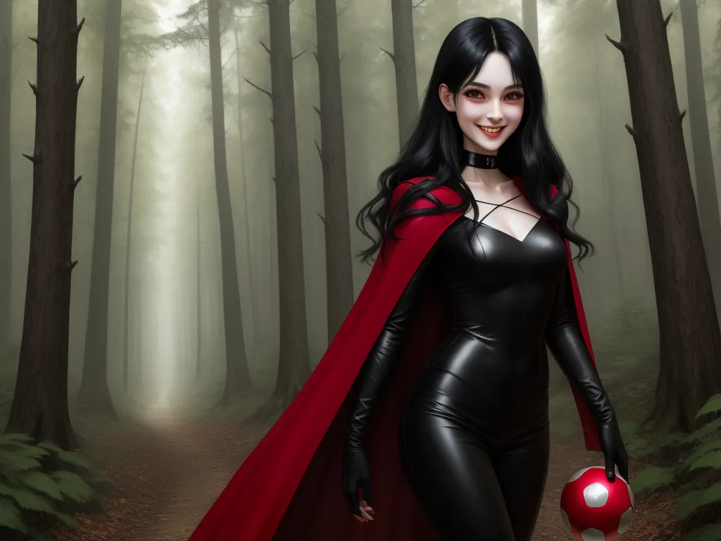 turn picture online - a woman in a red cape and black bodysuit holding a red ball in a forest with trees and fog, by Sailor Moon