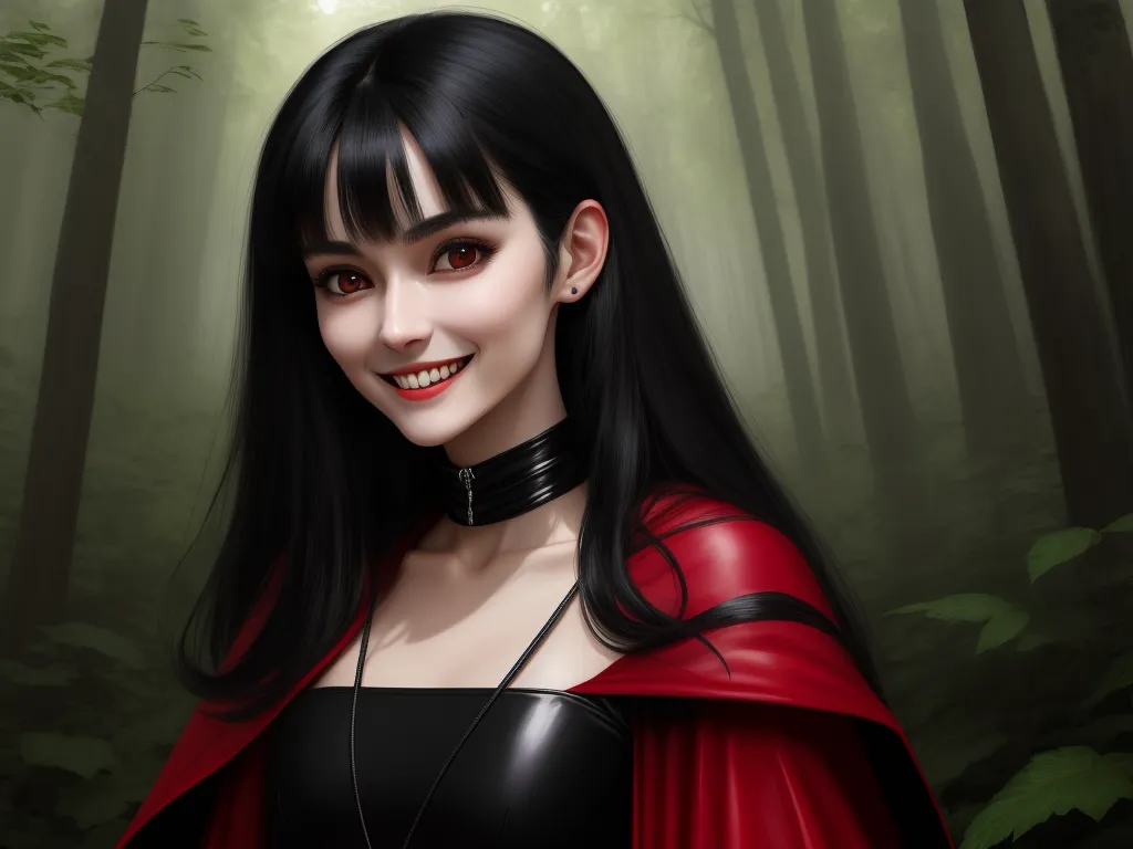 convert photo to high resolution - a woman in a red cape and black dress in a forest with trees and leaves behind her is smiling, by Daniela Uhlig