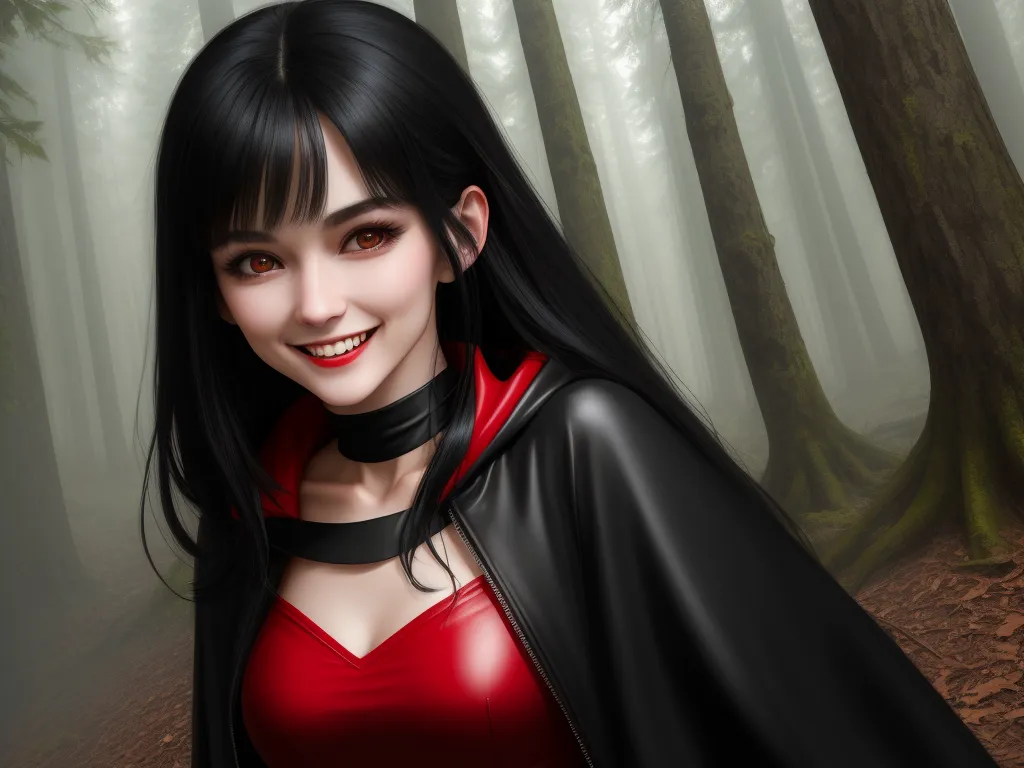 ai text to picture generator - a woman in a red dress and black cape in a forest with trees and fogs behind her is smiling, by Chen Daofu