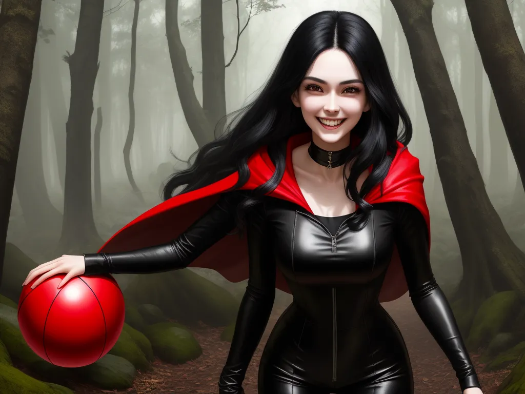 upscaler - a woman in a black and red outfit holding a red ball in a forest with trees and grass behind her, by Daniela Uhlig