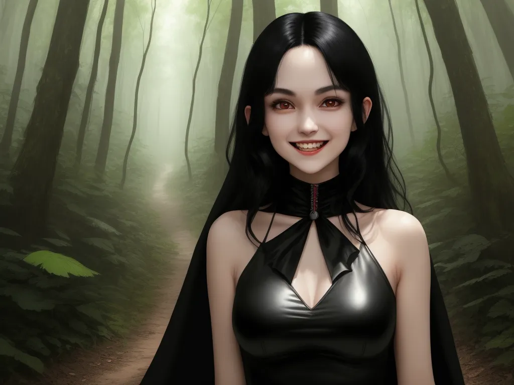 low res image to high res - a woman in a black dress and cape in a forest with a path leading to the camera and trees, by Chen Daofu