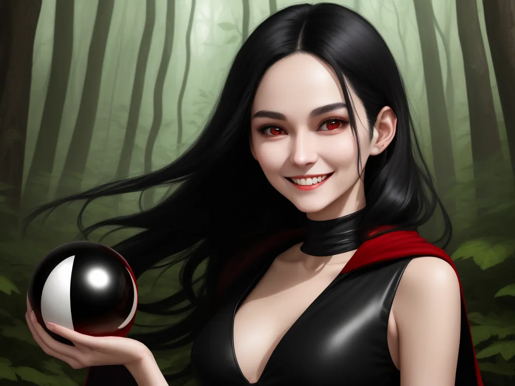 ai generated images from text - a woman holding a ball in a forest with trees in the background and a red cape on her shoulders, by Daniela Uhlig